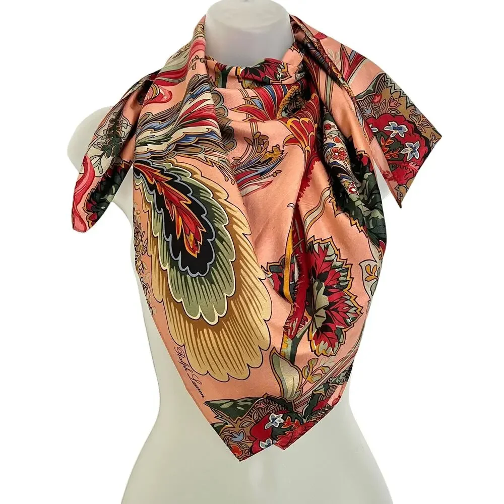 Vintage Ralph Lauren Colorful Feather Floral Paisley Cotton Square Scarf